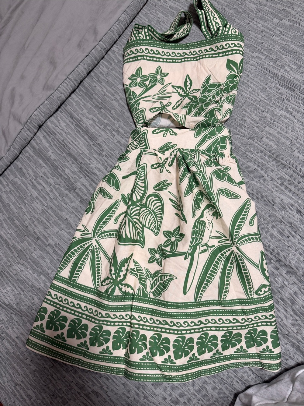 SHEIN Green and Cream Tropical Print Mini Skirt set